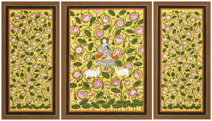 Krishna and Cows in Lotus Pond - 02 (triptych), Nemichand, Ethnic Art - Artisera