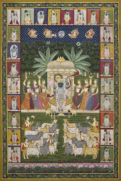 Shrinathji with Gopis and Cows - 03, Nemichand, Ethnic Art - Artisera