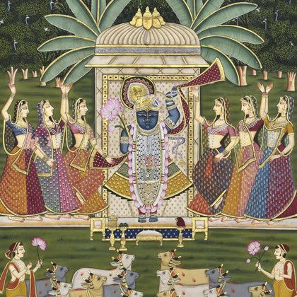 Shrinathji with Gopis and Cows - 03, Nemichand, Ethnic Art - Artisera