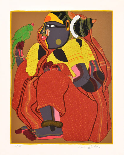 Woman in Red with Parrot, Thota Vaikuntam, Archer Art Gallery - Artisera