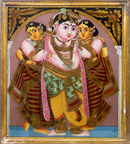Krishna with Rukmini and Satyabhama - 03, , Balaji Reverse Glass - Artisera