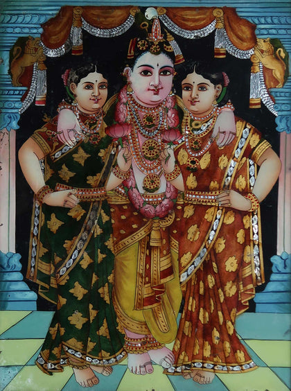 Krishna with Rukmini and Satyabhama - 01, , Phillips Reverse Glass - Artisera