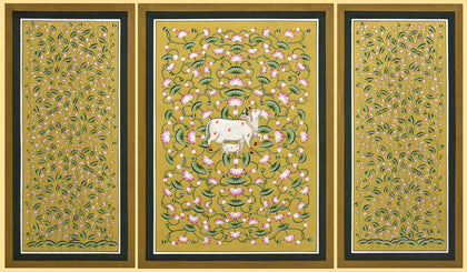 Cow with Lotuses (triptych), Nemichand, Ethnic Art - Artisera