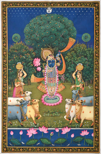 Shrinathji with Gopis and Cows - 06, Nemichand, Ethnic Art - Artisera