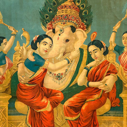 Ganesha with Riddhi and Siddhi, Raja Ravi Varma, Balaji Art - Artisera