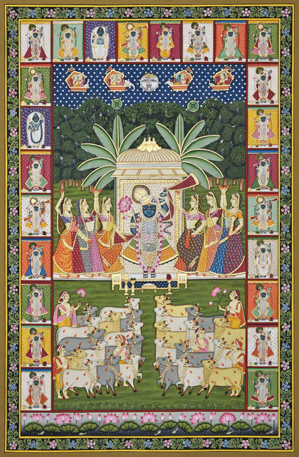 Shrinathji with Gopis and Cows - 08, Nemichand, Ethnic Art - Artisera
