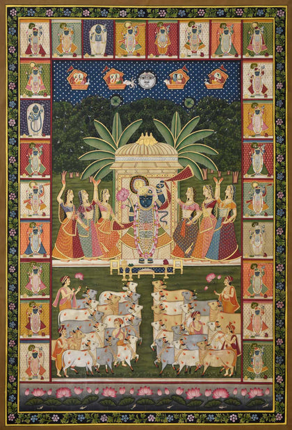 Shrinathji with Gopis and Cows, Nemichand, Ethnic Art - Artisera