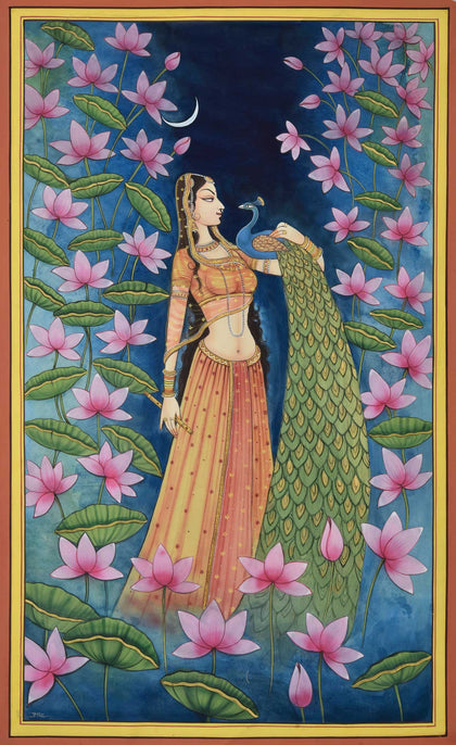Radha with Peacock - 01, Pushkar Lohar, Ethnic Art - Artisera