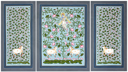 Krishna and Cows in Lotus Pond - 01 (triptych), Nemichand, Ethnic Art - Artisera