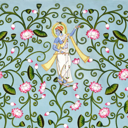 Krishna and Cows in Lotus Pond - 01 (triptych), Nemichand, Ethnic Art - Artisera
