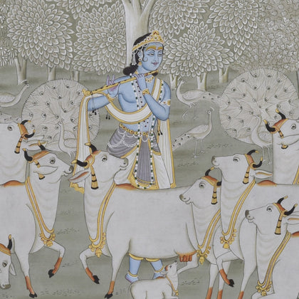 Krishna with Cows in Forest - 03, Nemichand, Ethnic Art - Artisera
