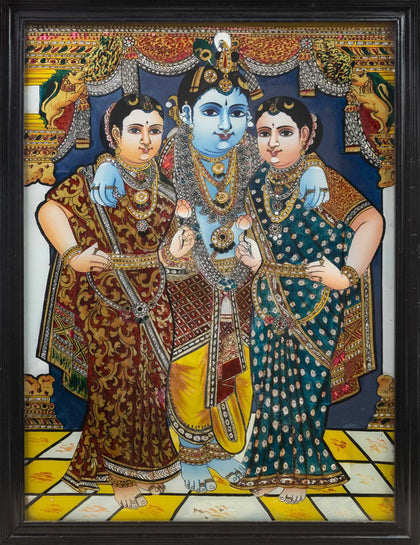 Krishna with Rukmini and Satyabhama - 02, , Balaji Reverse Glass - Artisera