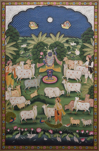 Shrinathji with Cows in Forest, Nemichand, Ethnic Art - Artisera