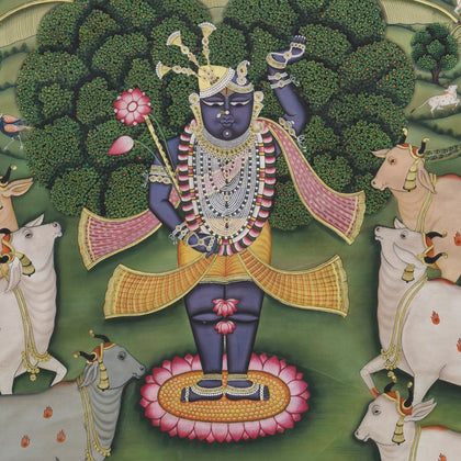 Shrinathji with Cows in Forest, Nemichand, Ethnic Art - Artisera