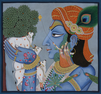 Krishna with Cows - 01, Narendra Kumar, Ethnic Art - Artisera