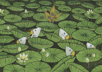 Cows in Lotus Pond - 02, Pushkar Lohar, Ethnic Art - Artisera