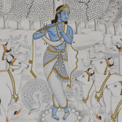 Krishna with Cows in Forest - 01, Nemichand, Ethnic Art - Artisera