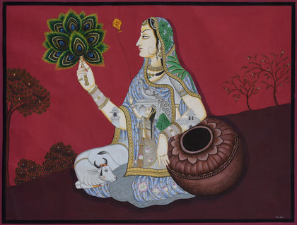 Lady with Mor Pankh, Narendra Kumar, Ethnic Art - Artisera