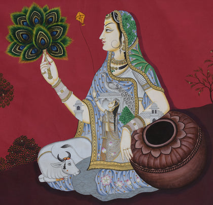 Lady with Mor Pankh, Narendra Kumar, Ethnic Art - Artisera