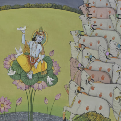 Krishna with Cows and Birds, Pushkar Lohar, Ethnic Art - Artisera