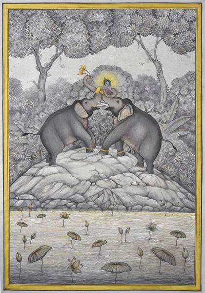 Bala Krishna with Elephants, Pushkar Lohar, Ethnic Art - Artisera