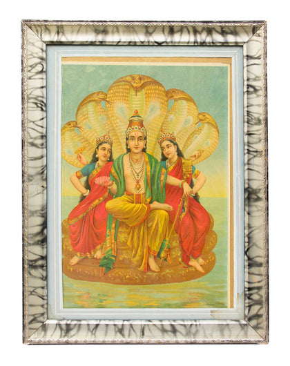 Vishnu with Consorts, Raja Ravi Varma, Balaji Art - Artisera