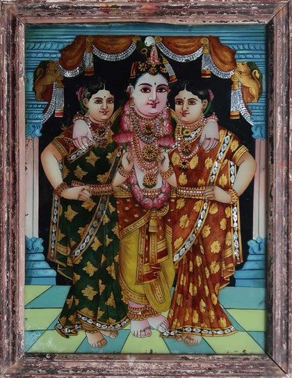 Krishna with Rukmini and Satyabhama - 01, , Phillips Reverse Glass - Artisera