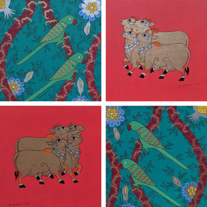 Cows and Parrots (Set of 4), Shan Bhatnagar, Internal - Artisera